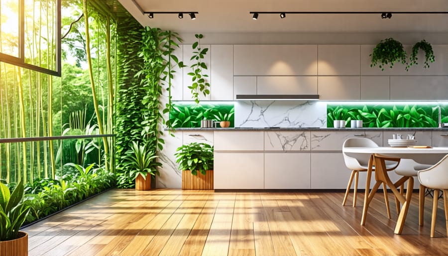 Samples of bamboo flooring and recycled glass countertops displayed together