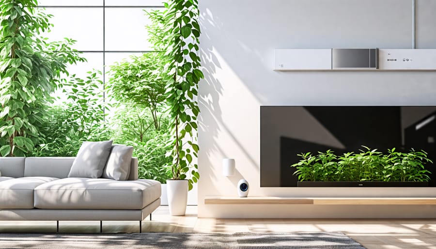 A modern living room showcasing a smart thermostat and smart lighting devices