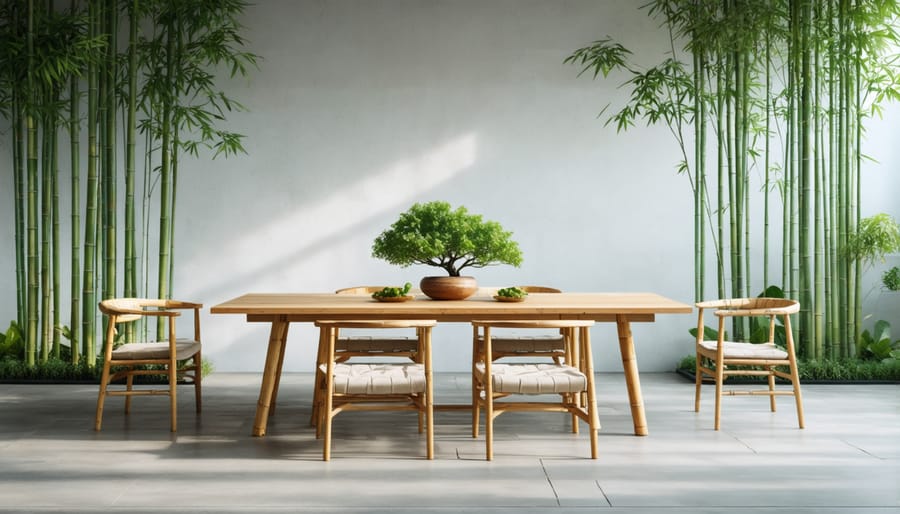 Modern dining set made from sustainable bamboo featuring clean lines and natural finish