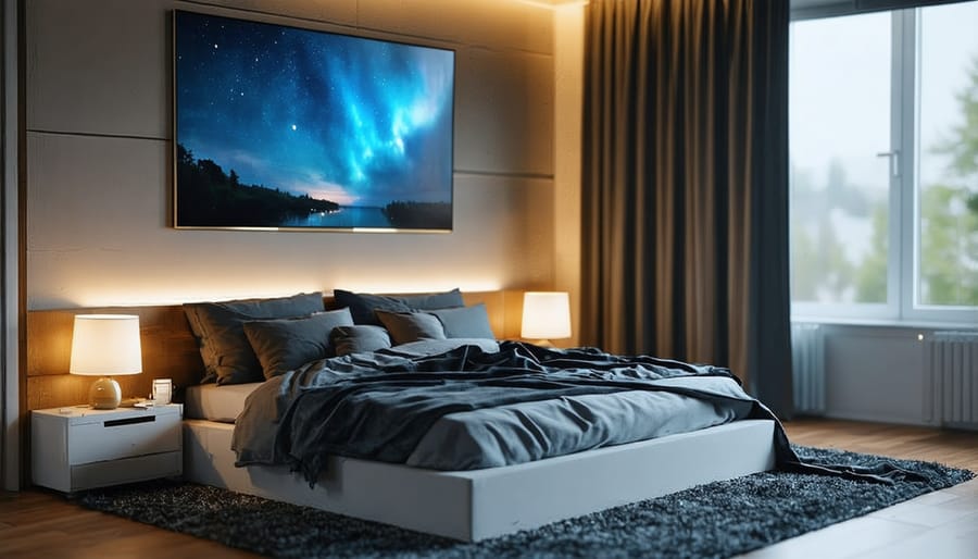 Progressive dimming sequence of smart bedroom lighting demonstrating sunset simulation