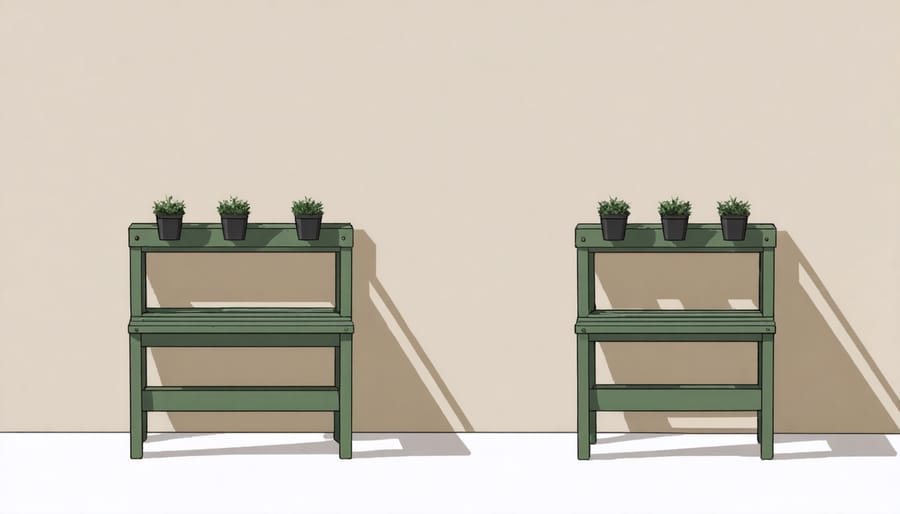 Collapsible wooden potting bench demonstrating space-saving transformation from working surface to flat wall mount
