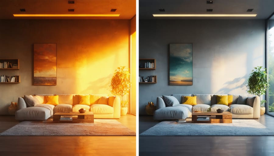 Side-by-side comparison of warm and cool lighting effects in a contemporary living space