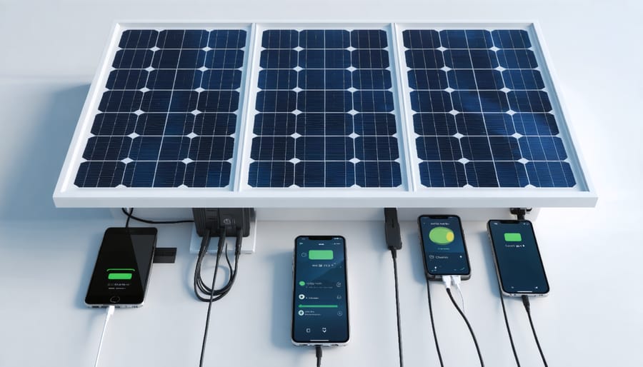 Green technology setup showing solar charging and smart power management systems
