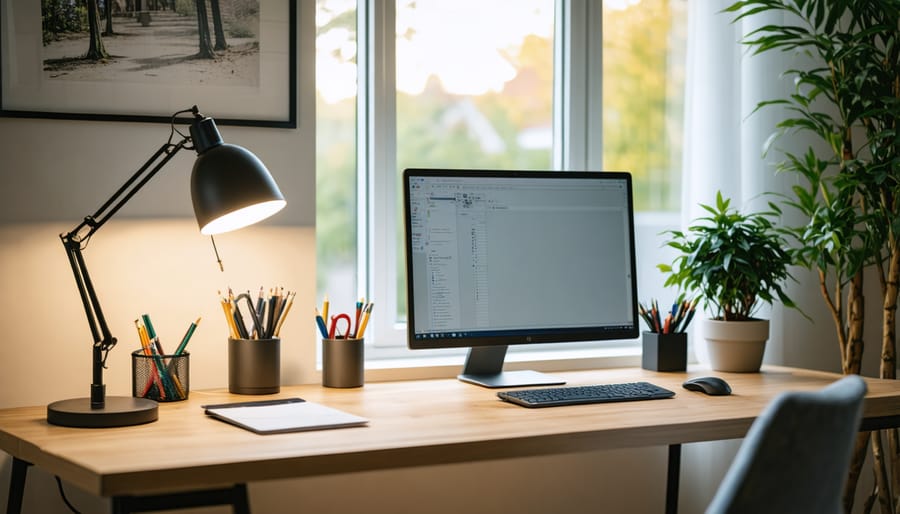 Well-lit home office demonstrating layered lighting approach with desk lamp, ceiling lights, and window light