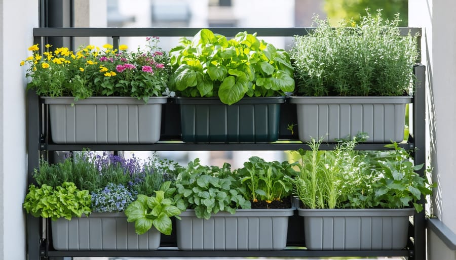 Stackable container garden system showing different levels of planted vegetables and herbs on a compact balcony