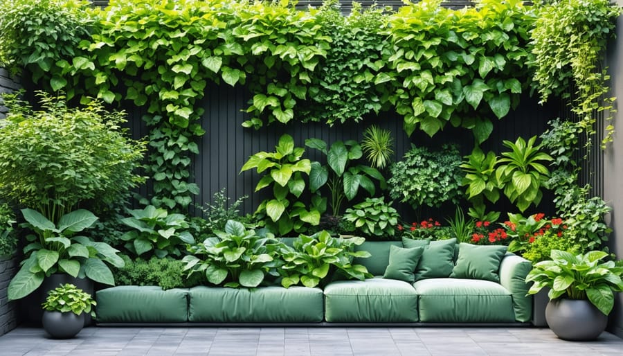 Small garden space maximized with carefully selected compact plants and vertical growing elements