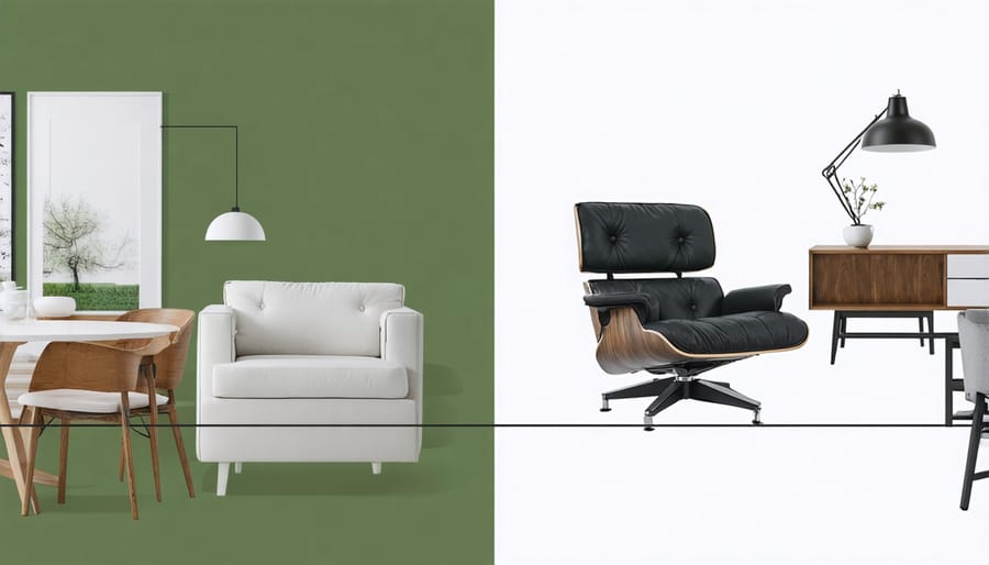 Side-by-side comparison showing sustainable and traditional furniture production methods