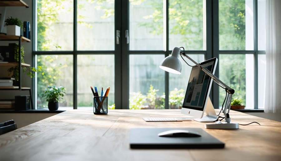 Energy-efficient home office setup with natural light and smart lighting features