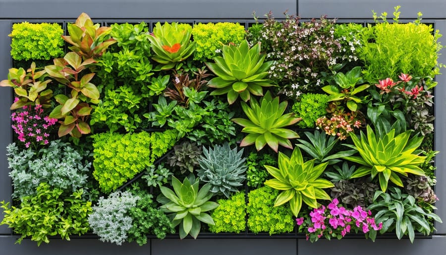 Living wall system displaying diverse plants in a vertical arrangement against an urban building wall