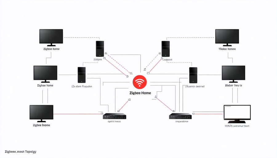 Zigbee mesh network diagram showing connected devices like sensors, lights, and hub