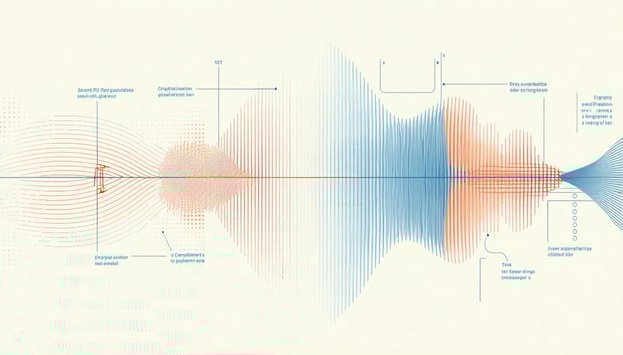 Illustration of acoustic waves penetrating and interacting with different layers of body tissue