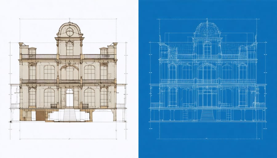 Side-by-side comparison of architectural plans and ornate Victorian interior design implementation