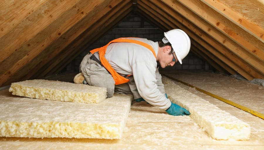 Person wearing protective gear installing fiberglass insulation between attic joists