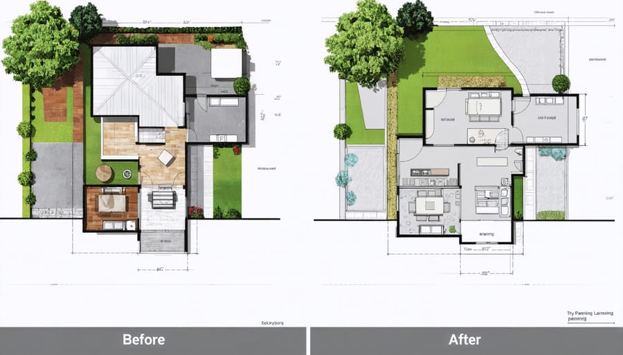 Split image showing a plain backyard transformed into organized zones for dining, lounging, and gardening