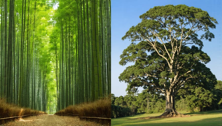 Side-by-side comparison of bamboo forest and cork oak harvesting process