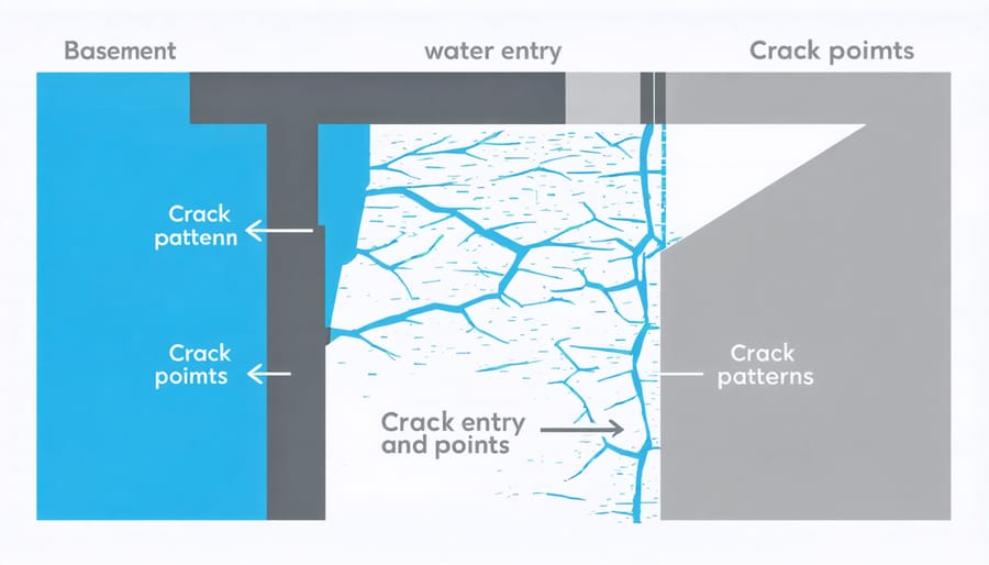 Cross-section illustration of a basement showing typical water infiltration areas and foundation cracks
