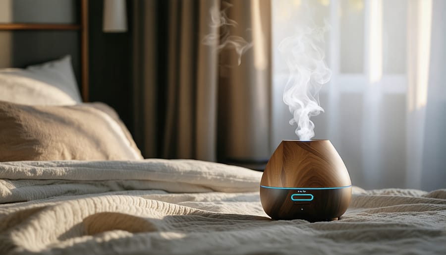 Peaceful bedroom atmosphere with operating essential oil diffuser on nightstand