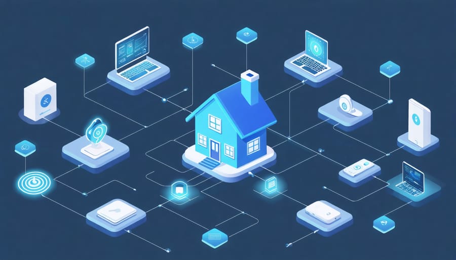 Network diagram illustrating how blockchain secures smart home energy devices
