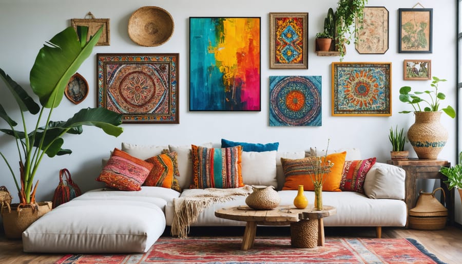 Eclectic bohemian gallery wall with diverse artwork collection