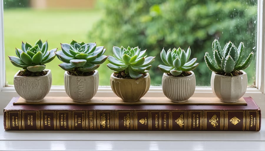 Old books repurposed as creative planters for small succulents