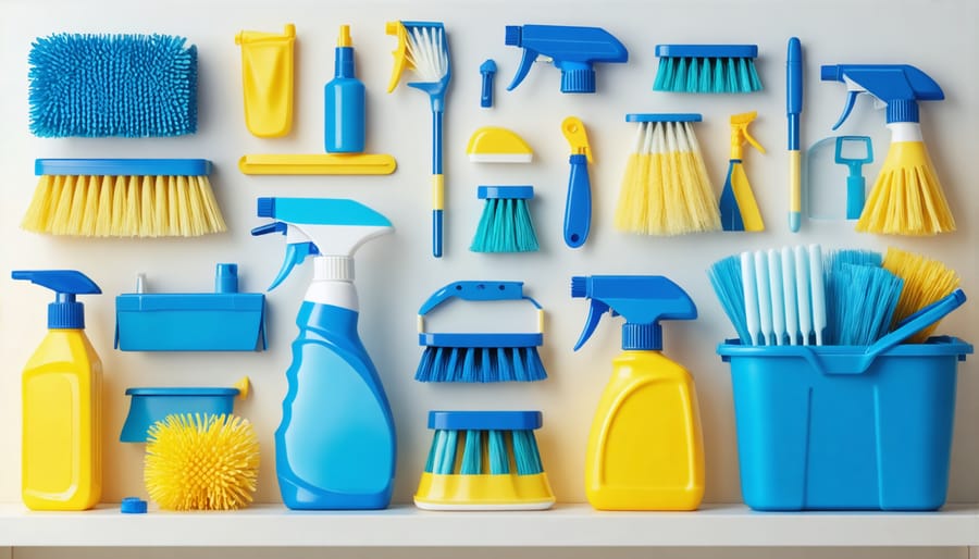 Essential tools for brine tank cleaning including brush, bucket, cleaning solution, and safety equipment