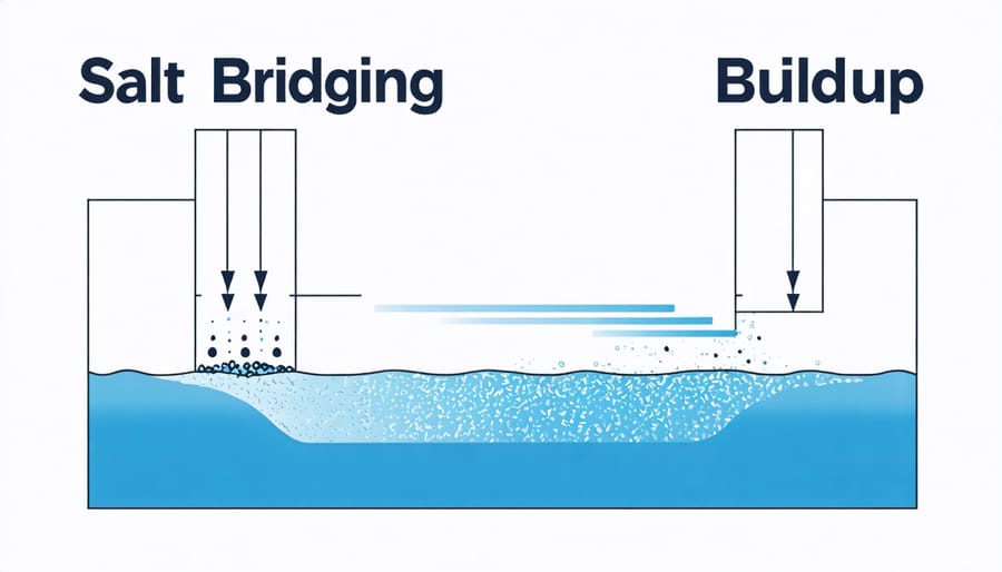 Cross-section illustration showing salt bridges and mineral buildup in a water softener brine tank