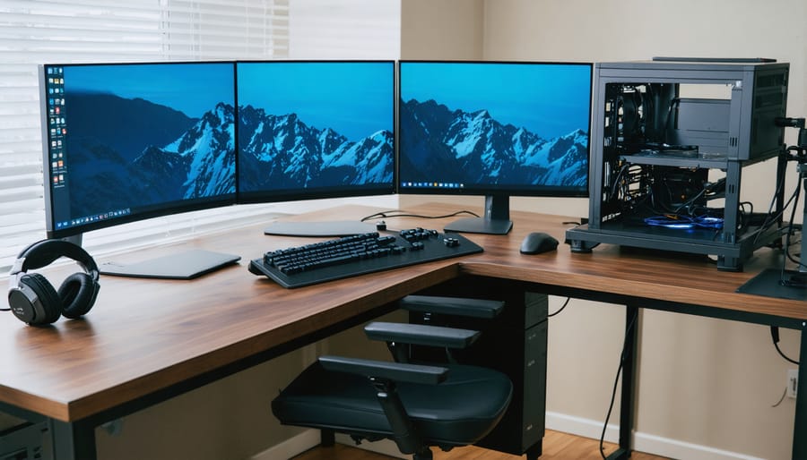 Close-up view of cable management solutions for L-shaped desk