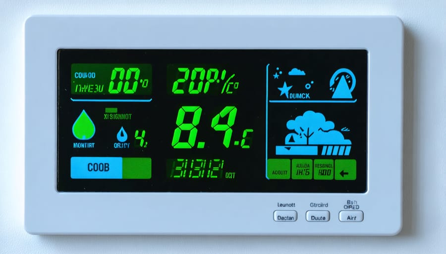 Modern CO2 monitor displaying numerical readings and color-coded air quality indicators