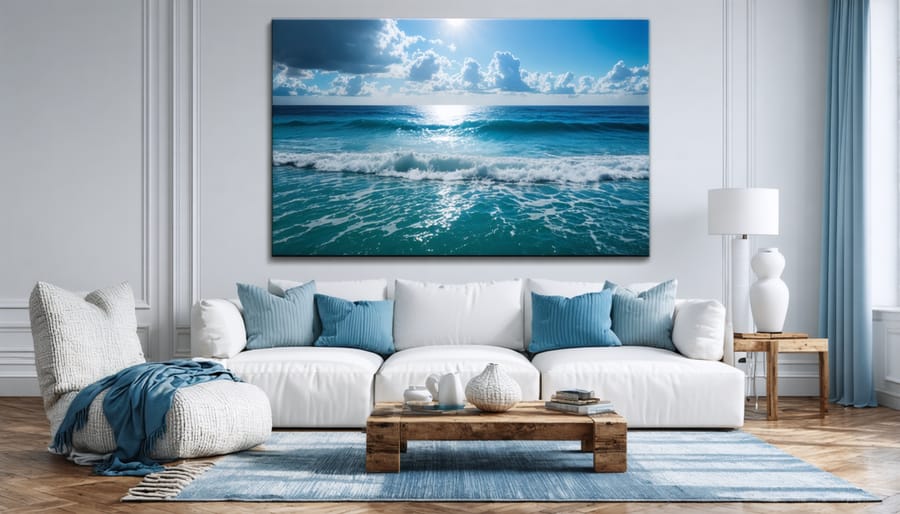 Coastal interior design featuring maritime artwork and natural elements