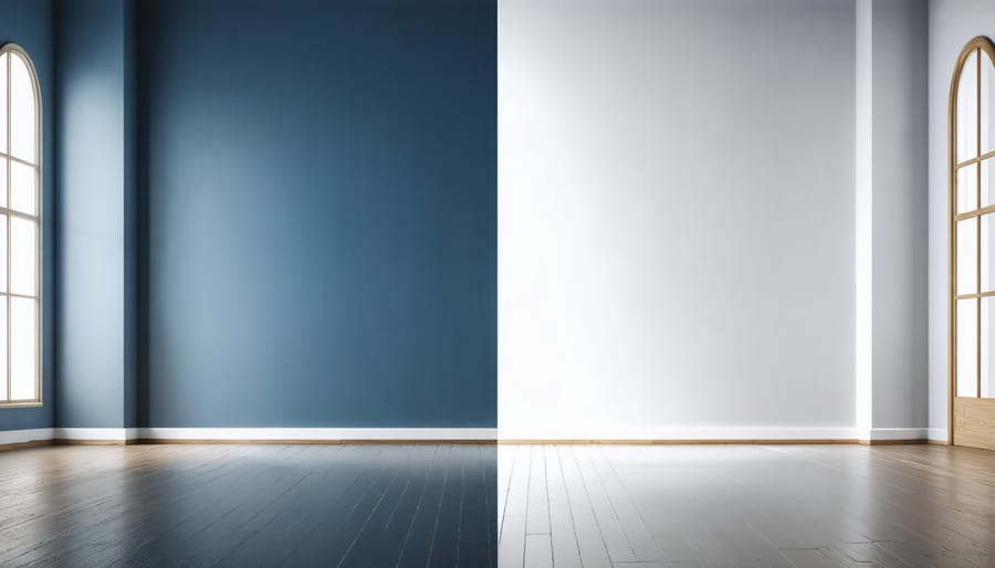 Side-by-side comparison of a room painted in light and dark colors demonstrating space perception