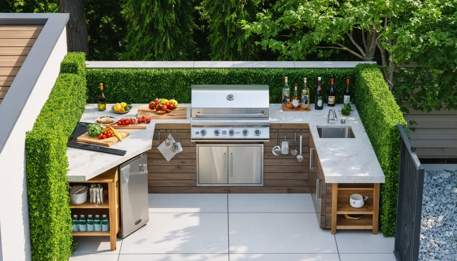 Efficient small outdoor kitchen layout with integrated storage and cooking area