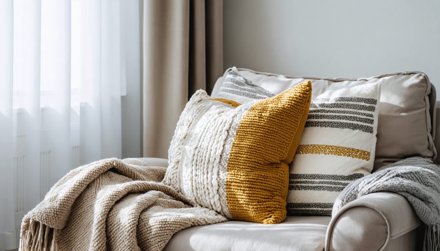 Comfortable reading corner with multiple textile layers including knit throws and velvet pillows