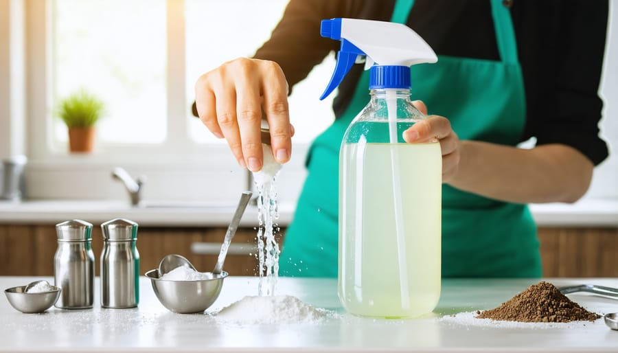 Hands mixing homemade cleaning solution in a glass spray bottle with natural ingredients visible