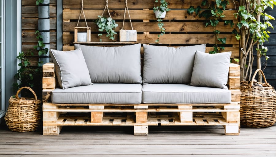 Finished pallet outdoor sofa with colorful weather-resistant cushions and side table