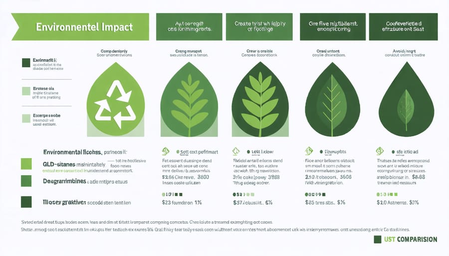 Chart comparing environmental impact and cost metrics for bamboo, cork, reclaimed wood, and linoleum flooring
