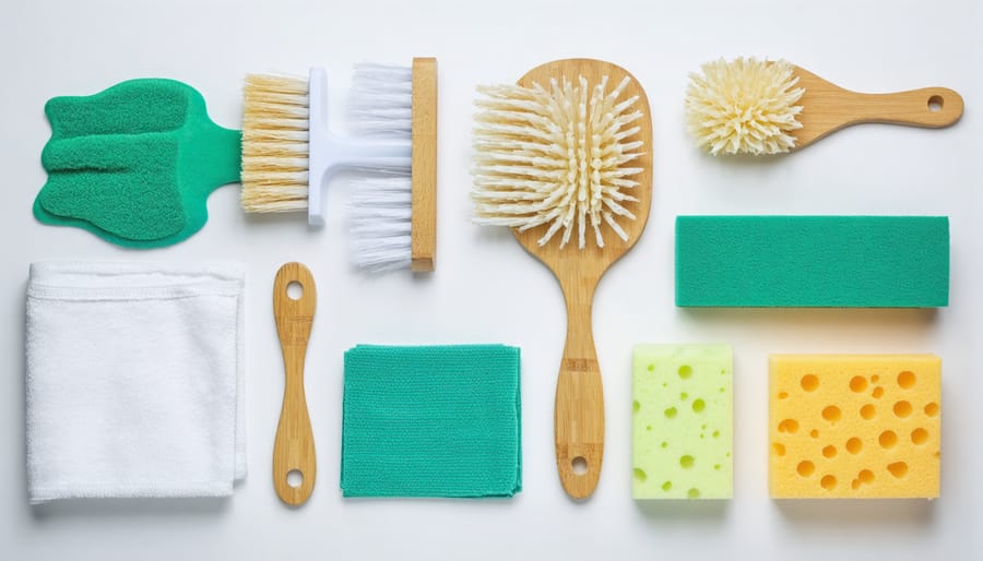 Collection of sustainable cleaning tools including bamboo brushes, organic cotton cloths, and natural sponges