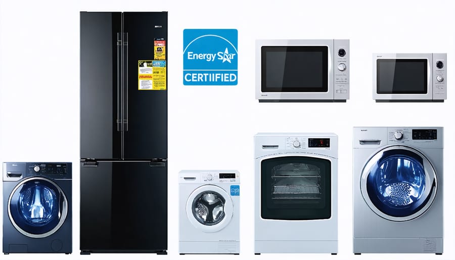 Various Energy Star certified household appliances including refrigerator, washer, and dishwasher with prominent Energy Star labels