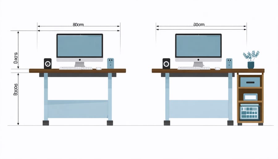 Technical illustration of L-shaped desk ergonomic measurements and adjustment features