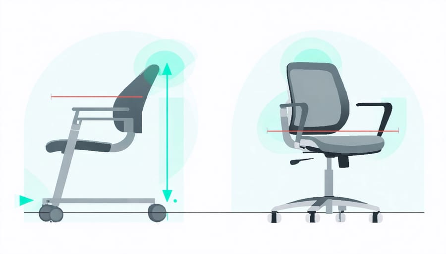 Annotated diagram of key ergonomic chair features and measurements