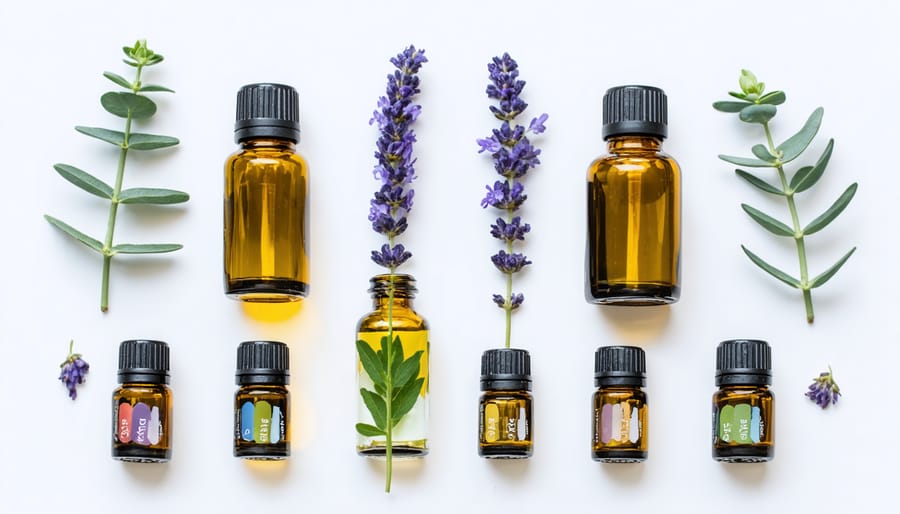 Various essential oil bottles displayed with fresh herbs and botanical elements