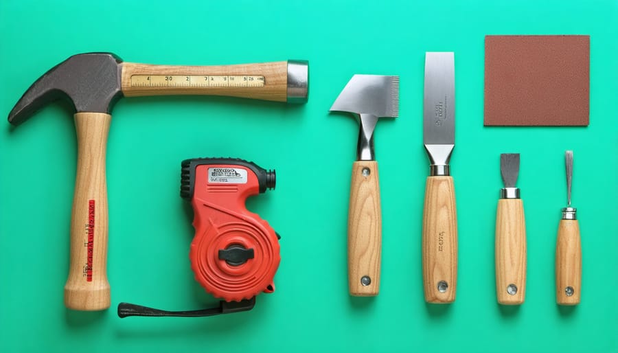 Basic woodworking hand tools arranged neatly on a wooden workbench
