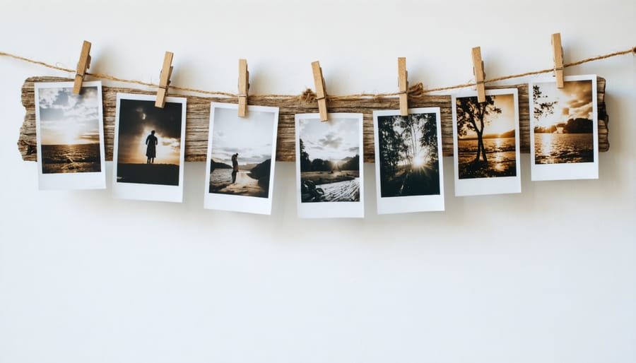 DIY farmhouse-style photo display featuring wooden clothespins and twine