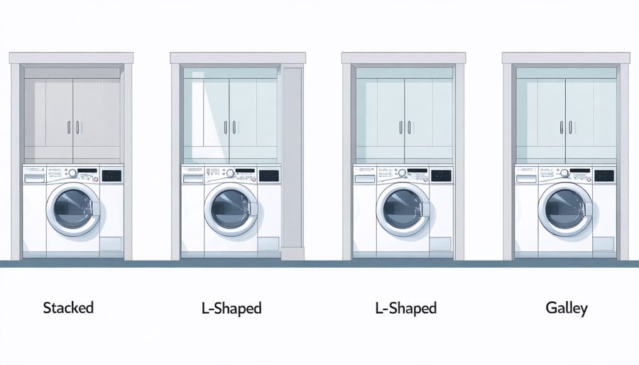 Four different layout options for 5x5 laundry rooms shown in 3D rendered floor plans