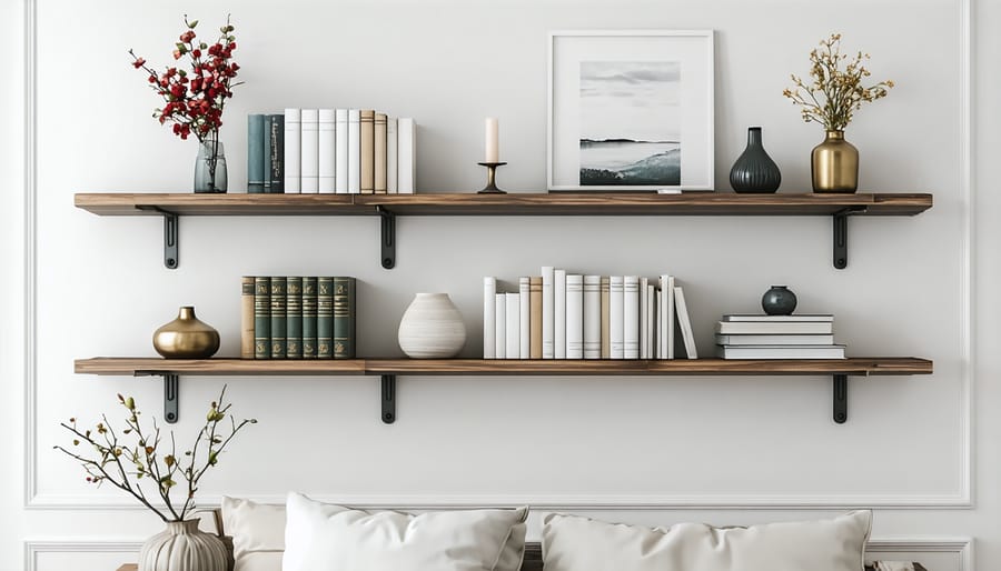 Wooden floating shelves mounted on wall with styled decor items
