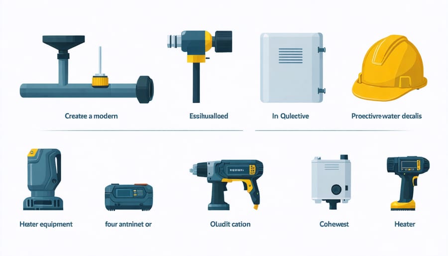 Safety equipment layout including gas detector, safety goggles, gloves, and ventilation tools