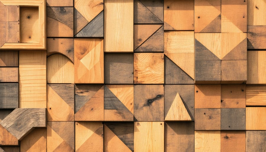 Modern geometric wooden wall art showing different wood grain patterns