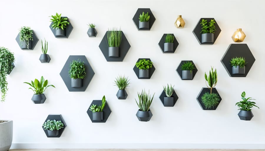 Contemporary geometric wall planters displaying air plants and small succulents in a honeycomb pattern