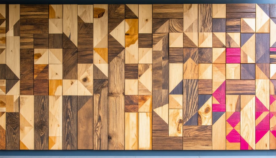 DIY geometric wall art made from wooden triangles in various wood stains