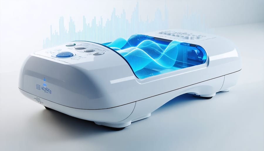 Professional-grade acoustic wave therapy device showing key parts and controls