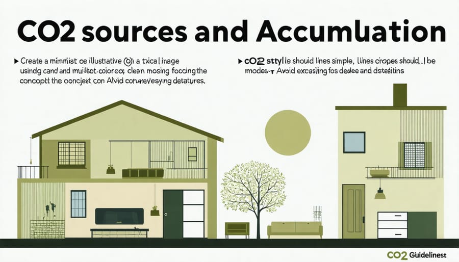 Illustrated cross-section of a house showing common indoor CO2 sources and how CO2 builds up